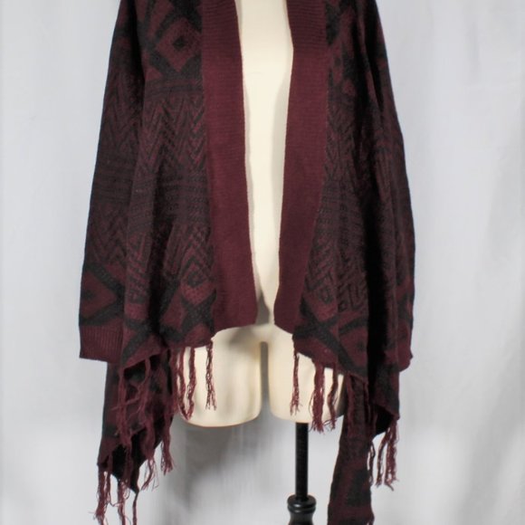 NWT Boho Southwestern Burgundy & Black Open Cardigan Sweater with Tassels XL - Picture 3 of 6